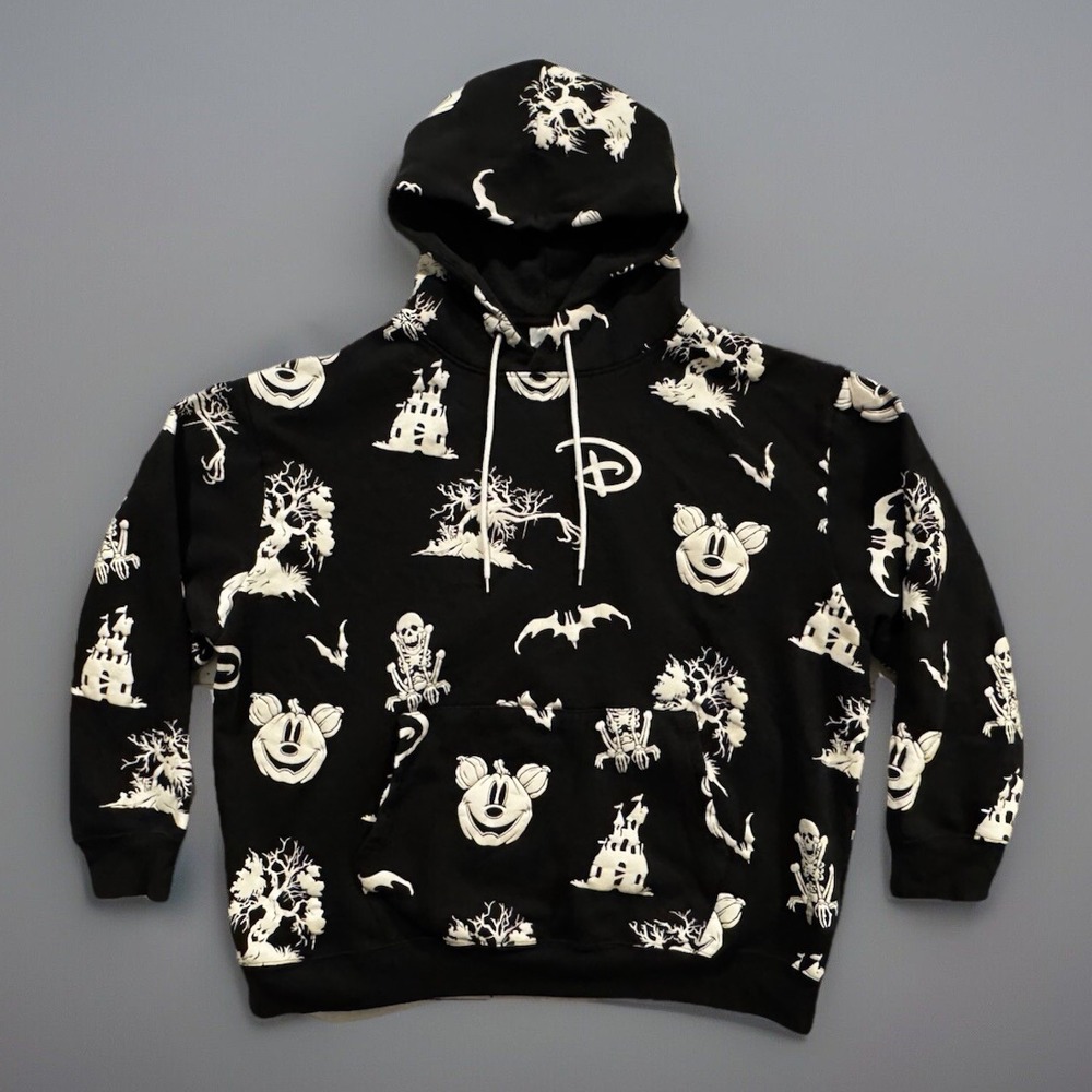 Disney Parks Halloween Hoodie Sz XXL Black Pullover Glow in the Dark AOP Rare